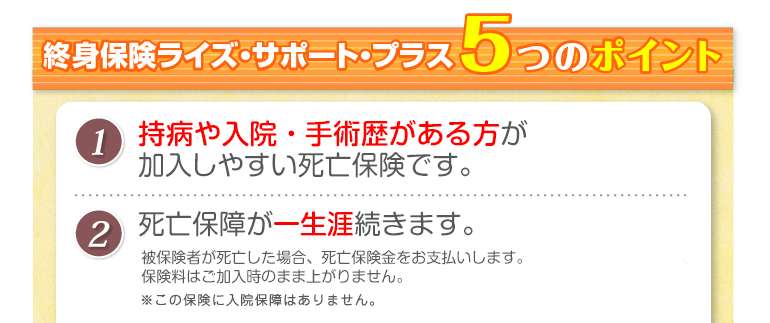 ライズ・サポート・プラス 5つのポイント。Point1 持病や入院・手術歴がある方が加入しやすい死亡保険です。Point2 死亡保障が一生涯続きます。