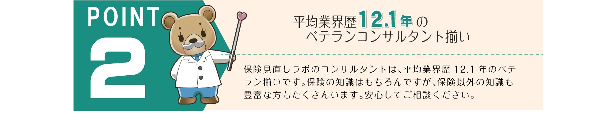 POINT 2。「平均業界歴12.1年のベテランコンサルタント揃い」保険見直しラボのコンサルタントは、平均業界歴12.1年のベテラン揃いです。保険の知識はもちろんですが、保険以外の知識も豊富な方もたくさんいます。安心してご相談ください。