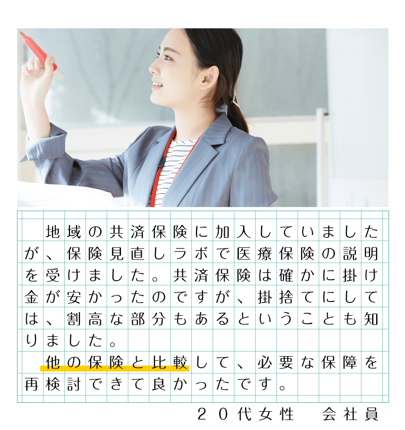 地域の共済保険に加入していましたが、保険見直しラボで医療保険の説明を受けました。共済保険はたしかに掛け金が安かったのですが、掛捨てにしては、割高な部分もあるということも知りました。他の保険と比較して、必要な保障を再検討できて良かったです。20代女性 会社員