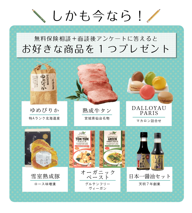 無料保険相談＋アンケートでお好きな商品プレゼント