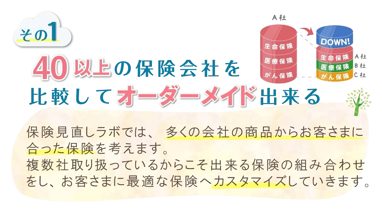 30社以上の保険会社を比較してオーダーメイド出来る。保険見直しラボでは、多くの会社の商品からお客さまに合った保険を考えます。複数社取り扱っているからこそ出来る保険の組み合わせをし、お客さまに最適な保険へカスタマイズしていきます。