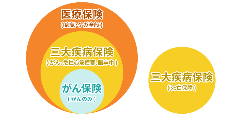 医療保険、三大疾病保険、がん保険の解説図